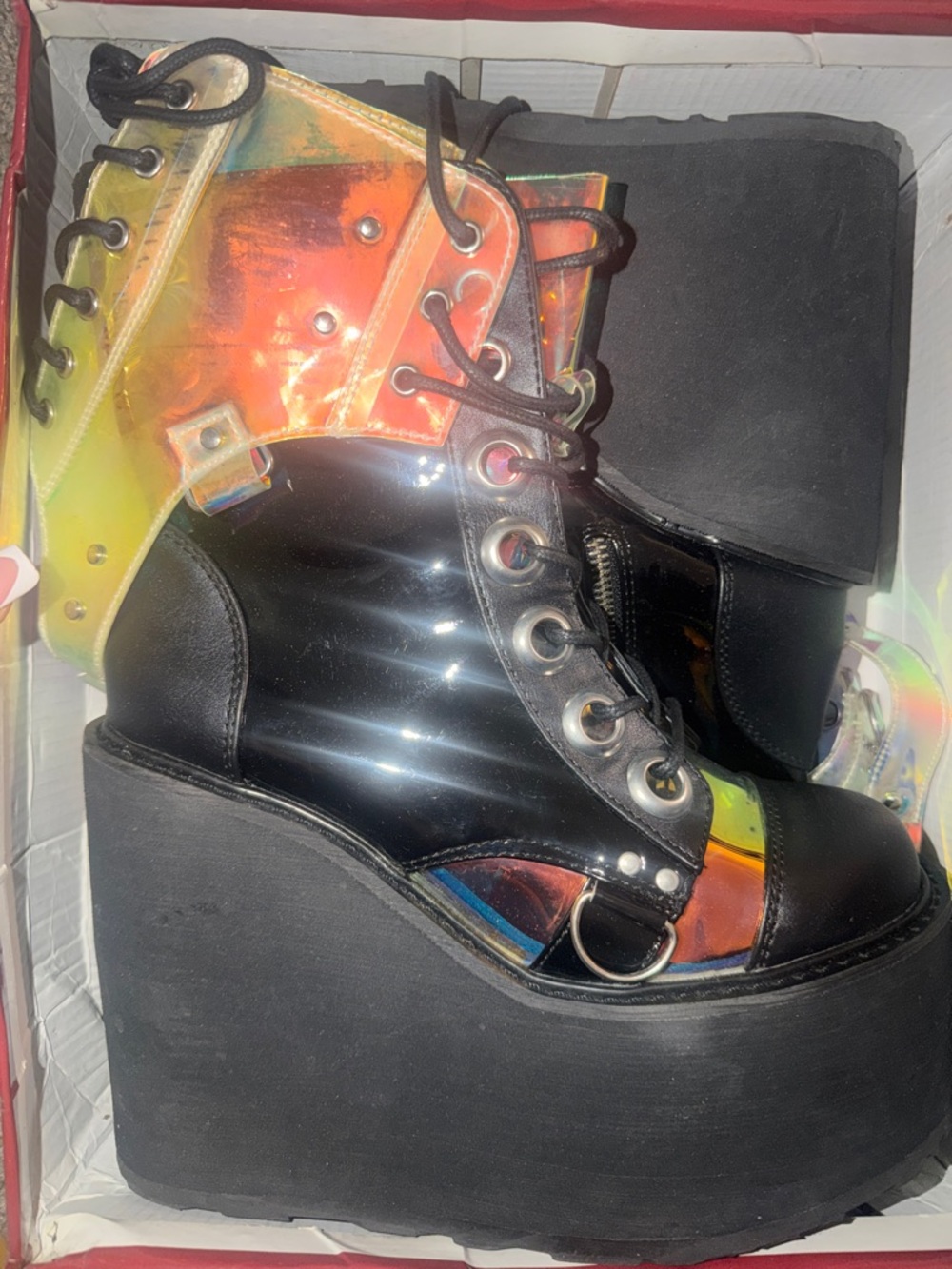 Demonia Iridescent Black Lace-Up Platform Ankle Boots